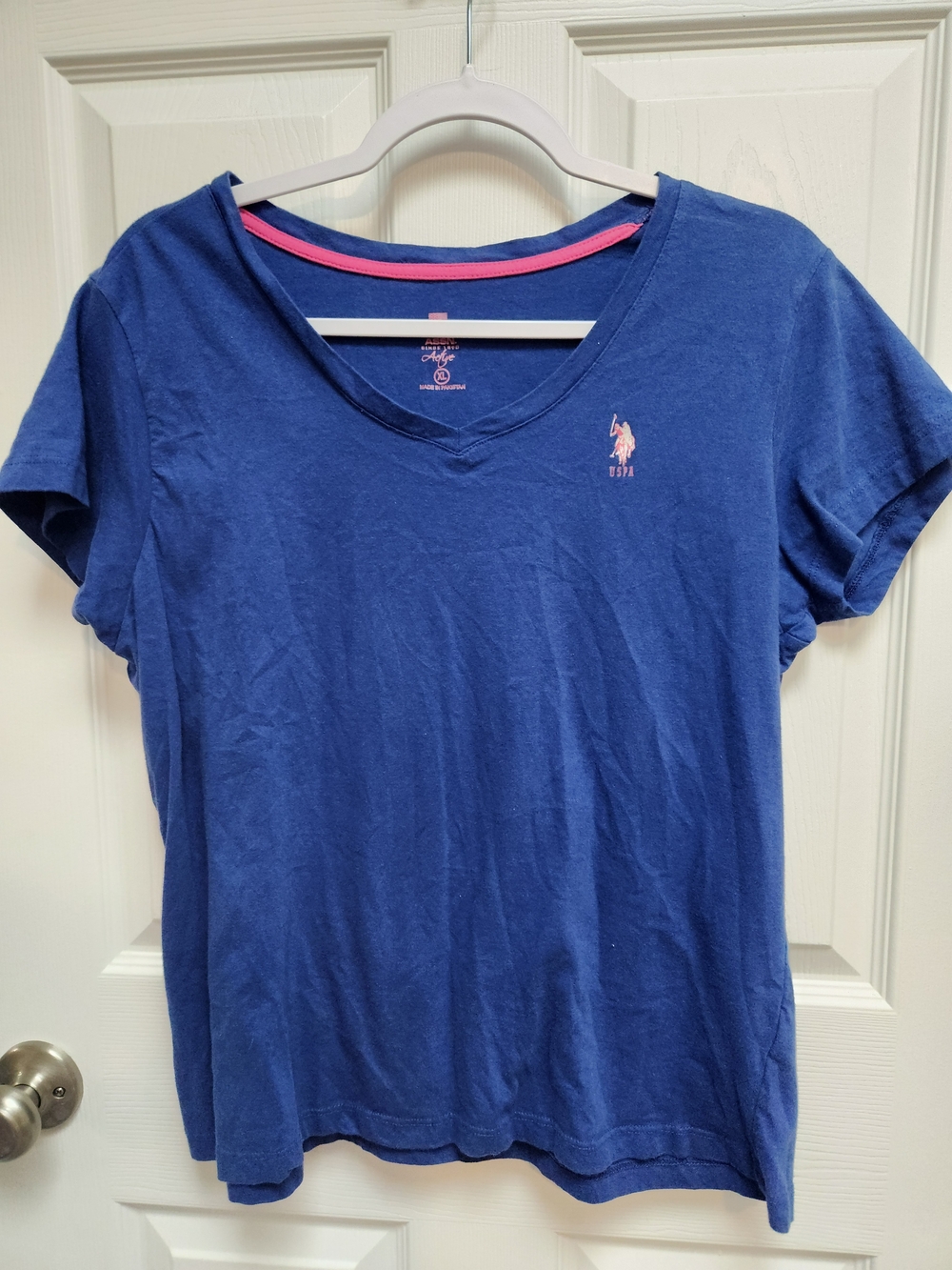 U.S. Polo Assn. Women's Short Sleeve V-Neck Tee in Royal Blue with Pink Logo